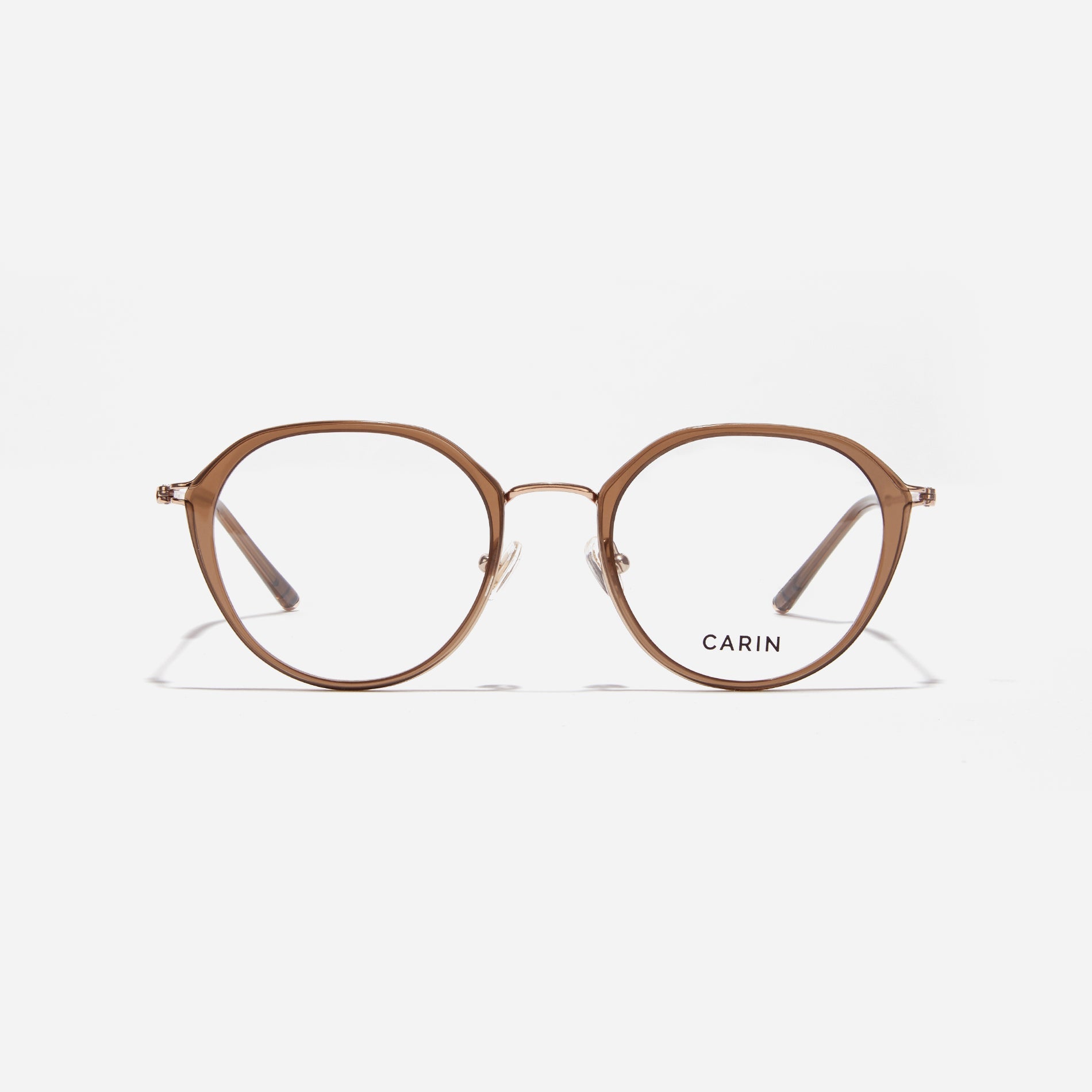 Polygonal-shaped eyeglasses that feature a contrasting round lens design, offering a smooth yet refined style. They provide a comfortable wearing experience with slim temples made from lightweight and elastic B-Titanium material.
