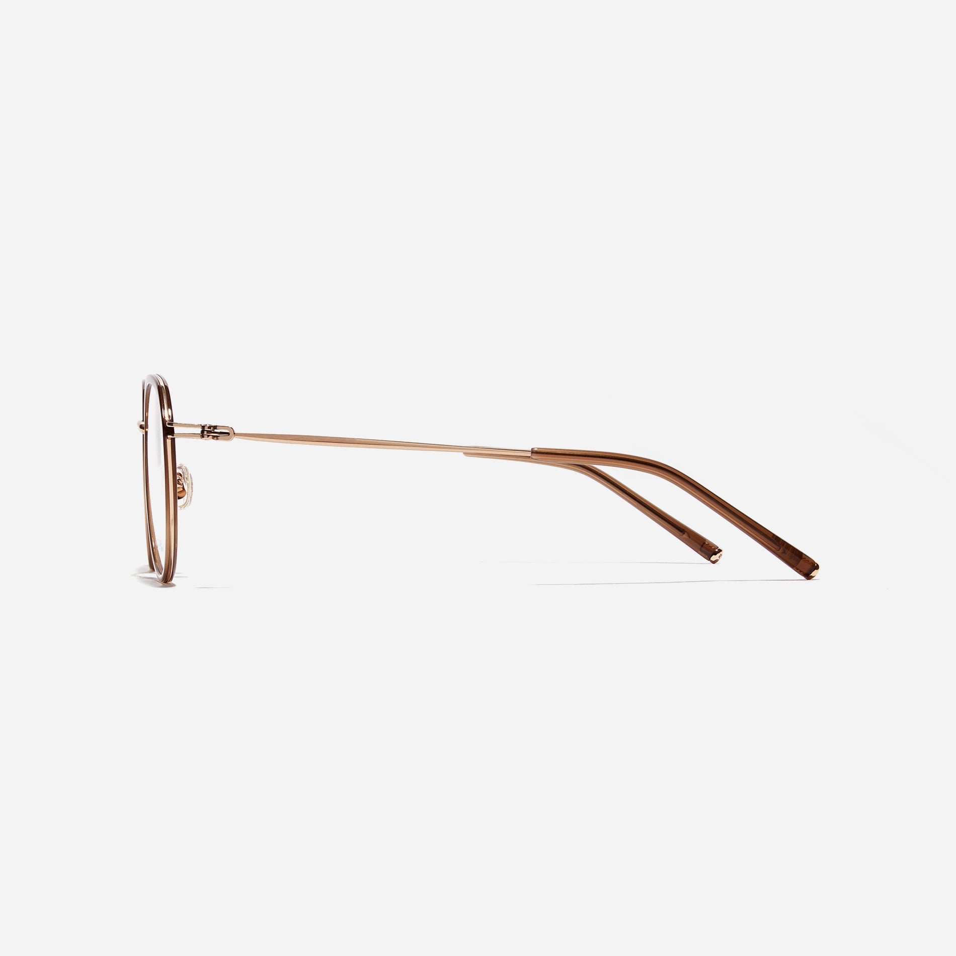 Polygonal-shaped eyeglasses that feature a contrasting round lens design, offering a smooth yet refined style. They provide a comfortable wearing experience with slim temples made from lightweight and elastic B-Titanium material.