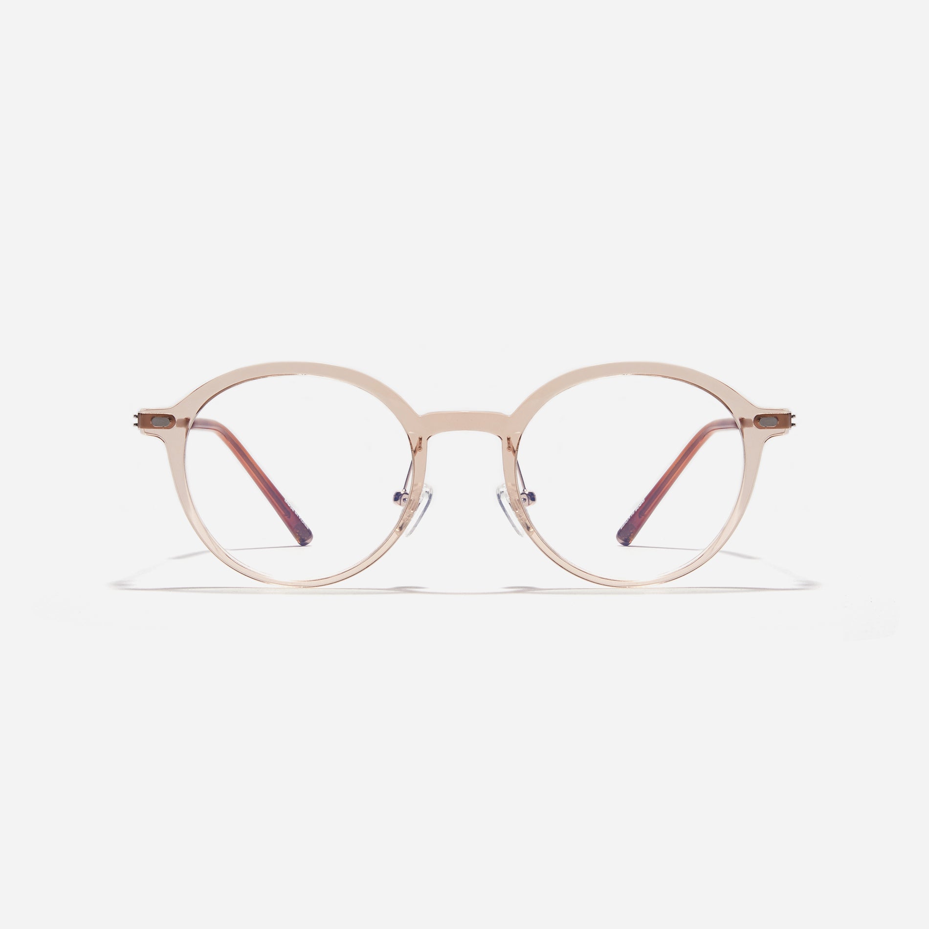 Round-shaped combination eyeglasses from CARIN's 'Feather Fit' line. Their combination frame seamlessly blends bio-plastic and titanium, utilizing advanced injection molding technology, often seen in the manufacturing of cell phones and watches.