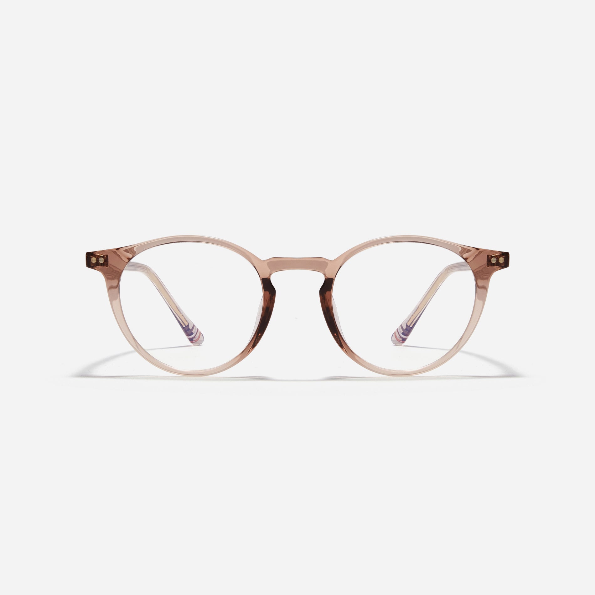 Round-shaped horn-rimmed eyeglasses featuring a sturdy and lightweight frame. Rena design incorporates dual lining on the tips to prevent slipping and ensure a consistently comfortable wearing experience.